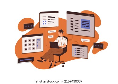 CMS management and development, web-site content administration concept. Administrator working with data base, information technology systems. Flat vector illustration isolated on white background