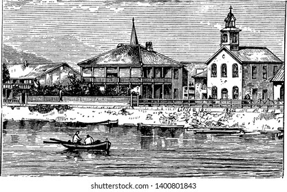 CMS Mission Station Island of Deshimo in Japan which is a group of evangelistic societies working with the Anglican Church and other Protestant Christians around the world, vintage line drawing