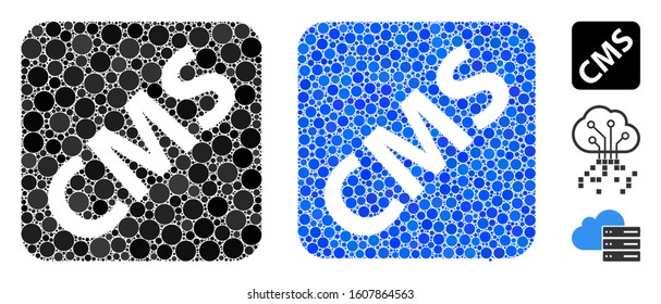 Cms mosaic of round dots in different sizes and shades, based on cms icon. Vector round dots are composed into blue mosaic. Dotted cms icon in usual and blue versions.