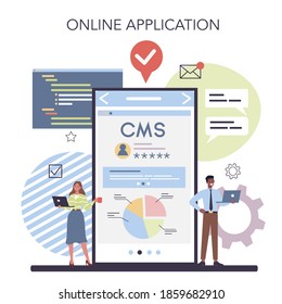 Servicio o plataforma en línea CMS. Sistema de administración de contenido. Creación y modificación de contenido digital. Aplicación en línea. Ilustración plana aislada