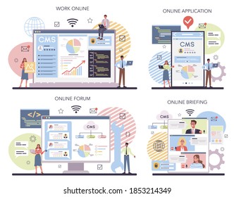 CMS online service or platform set. Content management system. Creation and modification of digital content. Online work, briefing, forum, application. Isolated flat illustration