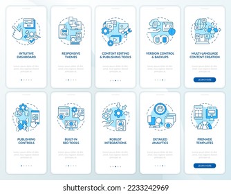 CMS platform blue onboarding mobile app screen set. Walkthrough 5 steps editable graphic instructions with linear concepts. UI, UX, GUI template. Myriad Pro-Bold, Regular fonts used