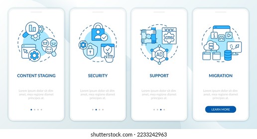 CMS requirements blue onboarding mobile app screen. Walkthrough 4 steps editable graphic instructions with linear concepts. UI, UX, GUI template. Myriad Pro-Bold, Regular fonts used