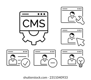 CMS roles. Content Management System set icon. Administrator, author, editor, user, guest. Website management software for content creation, publication, seo optimization, setting support