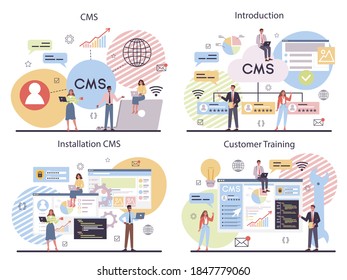 CMS set. Content management system. Creation and modification of digital content. Idea of digital strategy and content for social network making. Isolated flat illustration