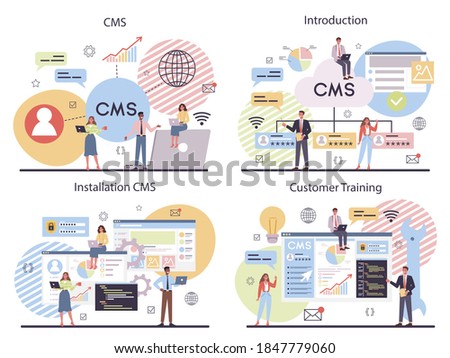 CMS set. Content management system. Creation and modification of digital content. Idea of digital strategy and content for social network making. Isolated flat illustration
