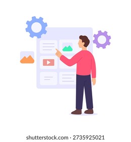 CMS Setup, configuring content management system environment, Flat vector character illustration