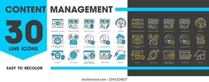 Cms symbols, Content management system icons. Website engine, content upload, edit and delete, support, authorized user and administrator. Database, security or time saving, page editing and analysis