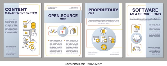 CMS types grey brochure template. Open-source and proprietary kinds. Leaflet design with linear icons. Editable 4 vector layouts for presentation, annual reports. Arial, Myriad Pro-Regular fonts used