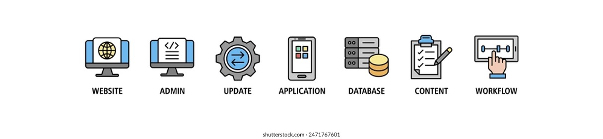 CMS web banner icon set vector illustration concept, infographic icon flow process which consists of workflow, application, content, database, update, admin, website icon live stroke and easy to edit
