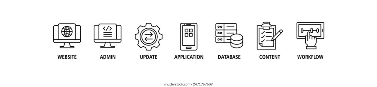 CMS web banner icon set vector illustration concept, infographic icon flow process which consists of workflow, application, content, database, update, admin, website icon live stroke and easy to edit