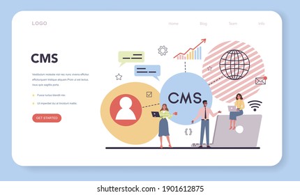 Banner web o página de inicio de CMS. Sistema de administración de contenido. Creación y modificación de contenido digital. Idea de estrategia digital y contenido para la creación de redes sociales. Ilustración plana aislada