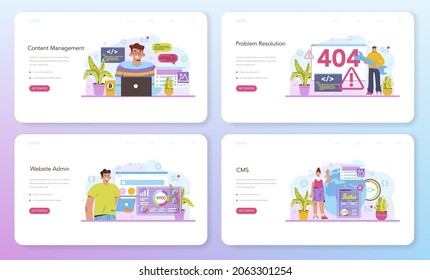 CMS web banner or landing page set. Content management system. Creation and modification of digital content. Idea of digital development and optimization. Cloud technology. Flat vector illustration