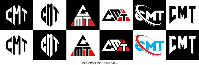 CMT letter logo design in six style. CMT polygon, circle, triangle, hexagon, flat and simple style with black and white color variation letter logo set in one artboard. CMT minimalist and classic logo