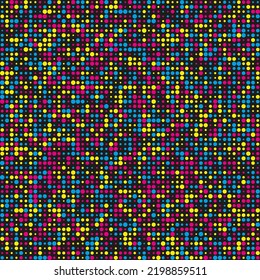 CMY different sized dots halftone pattern. An arrangement of cyan, magenta and yellow circular shapes in random sizes. Isolated on a black background.