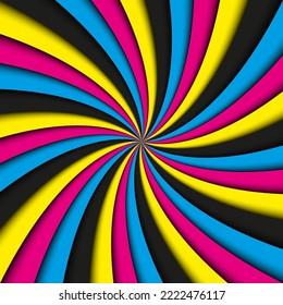 CMYK abstract swirl background. Vector illustration of four cmyk colours. Cyan, magenta, yellow and black. Colorful bright pattern