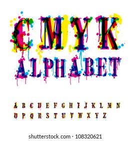 Alfabeto CMYk. Composición a partir de letras y gotas y estrías no reconocidas. Contiene tres capas separadas, editar y mezclar colores fácilmente.