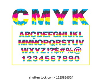 CMYk alphabet. Composition from unrecognized different letters and drops and streaks, Offset print style font design, alphabet letters and numbers, vector illustration