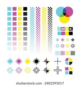 CMYK-Kalibriersatz-Kollektion, Druckmarken, Offset-Druckkalibrierungsmarken, Farbtontest Farbverlauf-Farbton, Farbbalken und Registrierplatten, Farbdruckstandard.