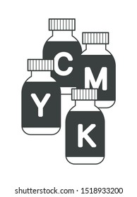 CMYK cartridges for ink jet printer, printing materials in bottles isolated icon vector. Coloring liquids in sealed containers, substances in packaging. Typography or print studio equipment