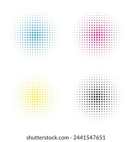 CMYK circle halftone dot gradient icons. An arrangement of colourful circular shapes isolated on a white background.