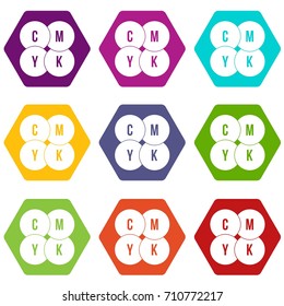CMYK circles icon set many color hexahedron isolated on white vector illustration