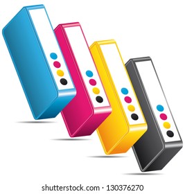 CMYK CMJN offset cartridges. Vector ink toners arranged diagonally.