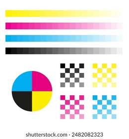 CMYK color chart. Gradient bars and checker patterns. Vector illustration. Printing color guide.