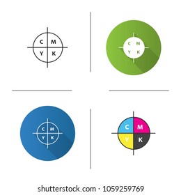CMYK color circle model icon. Cyan, magenta, yellow, key scheme. Flat design, linear and color styles. Isolated vector illustrations