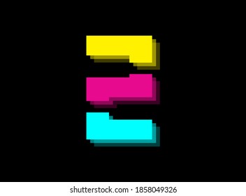 Cmyk color font logo, 2 number vector desing. Dynamic split blue, pink, yellow color on black background. For social media,design elements, creative poster, web template etc.                       