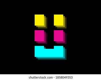 Cmyk color font logo, U letter vector desing. Dynamic split blue, pink, yellow color on black background. For social media,design elements, creative poster, web template and more                      