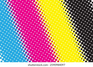 CMYK color mode features a gradient with a halftone filter, creating a background ideal for graphic design concepts. This structure illustrates the Cyan, Magenta, Yellow, and Black printing scheme