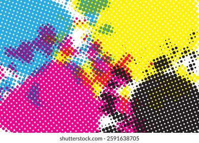 CMYK color mode features a gradient with a halftone filter, creating a background ideal for graphic design concepts. This structure illustrates the Cyan, Magenta, Yellow, and Black printing scheme