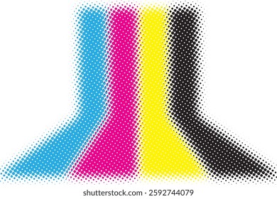 CMYK color mode features a gradient with a halftone filter, creating a background ideal for graphic design concepts. This structure illustrates the Cyan, Magenta, Yellow, and Black printing scheme