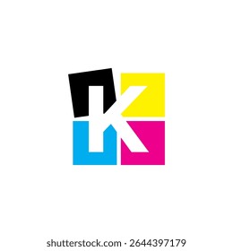 Cor CMYK, espaço negativo letra inicial K Logo Design