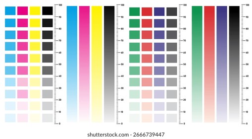 CMYK color scale. Print test chart color process separation swatch with percentages of Cyan, Magenta, Yellow and Key black inks. Vector CMYK test print table.