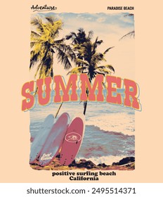 Diseño de camiseta de Vector de verano, impresión fotográfica de Vector de playa de surf, diseño de impresión de playa retro vintage, tabla de surf con palmera y texto de tipografía, 