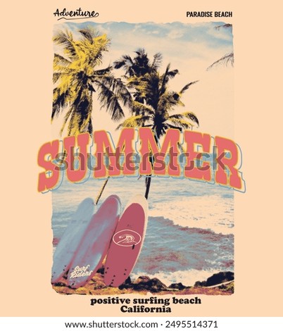 CMYK color separation Summer vector t-shirt design , surfing beach vector photo print , vintage retro beach print design, surfboard with palm tree and typography text, 