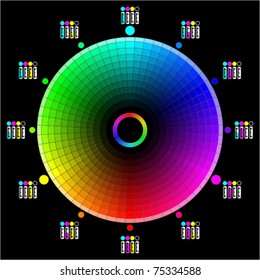 CMYK Color Wheel. True color values in 10% steps. Scale tubes ranges from 0 > 50 > 100 graphically representing the quantity of pigment (Cyan, Magenta, Yellow and Black) needed to create that color.