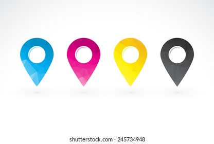 cmyk colored pins to determine the position on the map