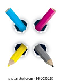 

CMYK colors creative pencils,in the shape of X.
Holed paper with colorful pencils. Concept for presentation  of  creative graphic design or color printing. Vector available.