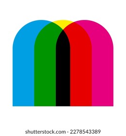 CMYK colour mix arch shapes icon. An arrangement of archway symbols in cyan, magenta and yellow. Overlapping to create green, black and red. Isolated on a white background.