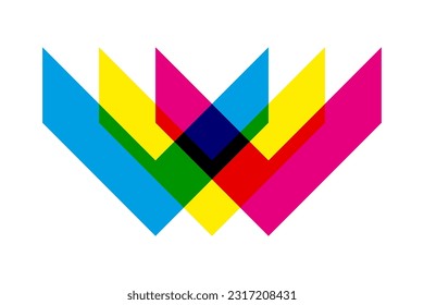 CMYK colour mix, chevron shapes icon. An arrangement of v-shaped symbols in cyan, magenta and yellow. Overlapping to create green, black and red. Isolated on a white background.