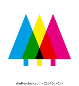 CMYK colour mix, Christmas trees icon. An arrangement of festive symbols in cyan, magenta and yellow. Isolated on a white background.