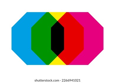 CMYK colour mix octagon shapes icon. An arrangement of octagons in cyan, magenta and yellow. Overlapping to create green, black and red. Isolated on a white background.