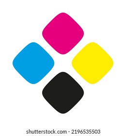 CMYK colours diagonal squircle shape icons. An arrangement of rounded squares in cyan, magenta, yellow and black (key). Isolated on a white background.