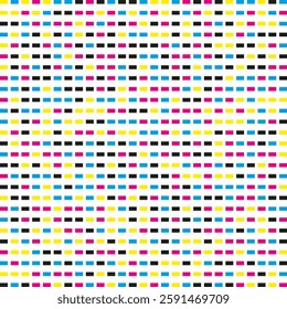 CMYK colours, rectangle shapes halftone pattern. An arrangement of colourful rectangular symbols. Isolated on a white background.