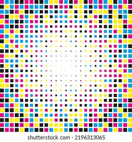 Los colores CMYK cuadrados forman un patrón de medio tono. Un arreglo lineal de cuadrados cian, magenta, amarillo y negro (llave). Aislado sobre un fondo blanco.