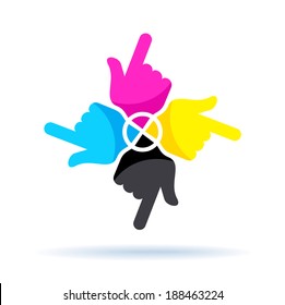 cmyk concept, four colorful hands isolated on white 