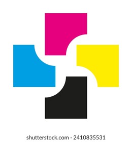 Icono de la cruz cuadrada de corte de esquina CMYK. Una disposición de formas coloridas que forman un símbolo de cruz. Aislado sobre un fondo blanco.